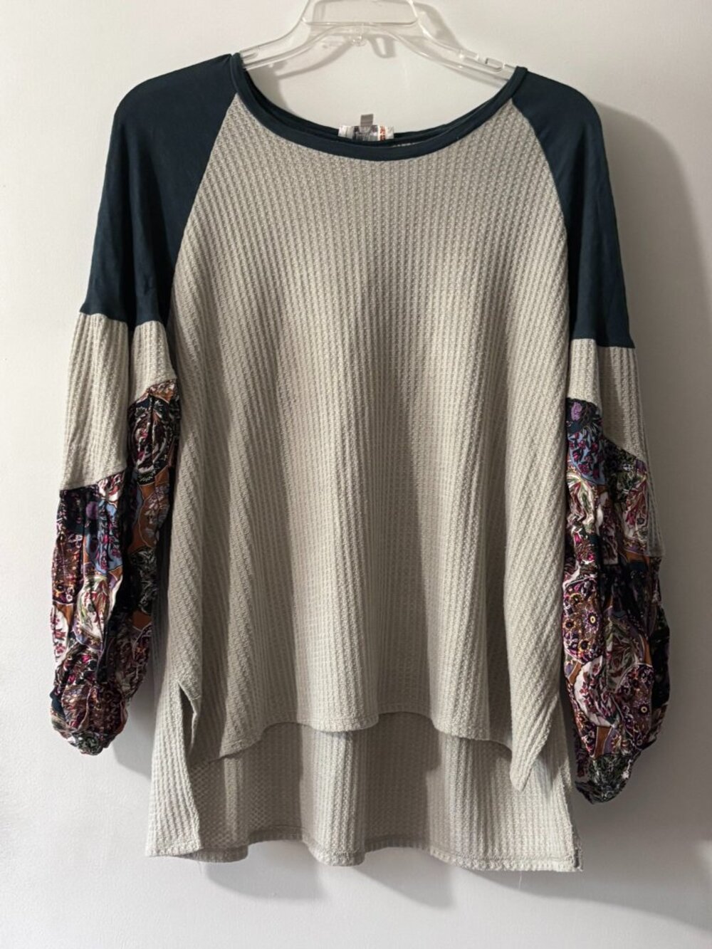Umgee Plus Size Grey Waffle Knit Mixed Media Paisley Sleeve Top 1XL